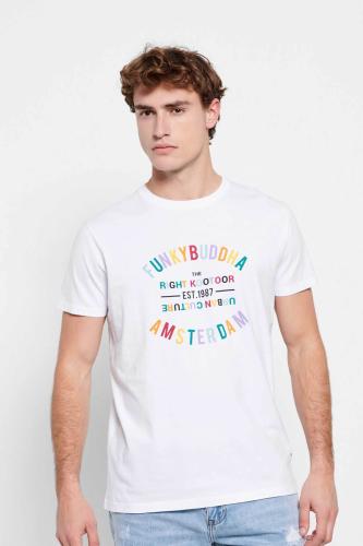 Funky Buddha ανδρικό βαμβακερό T-shirt μονόχρωμο με πολύχρωμο lettering μπροστά - FBM007-035-04 Λευκό